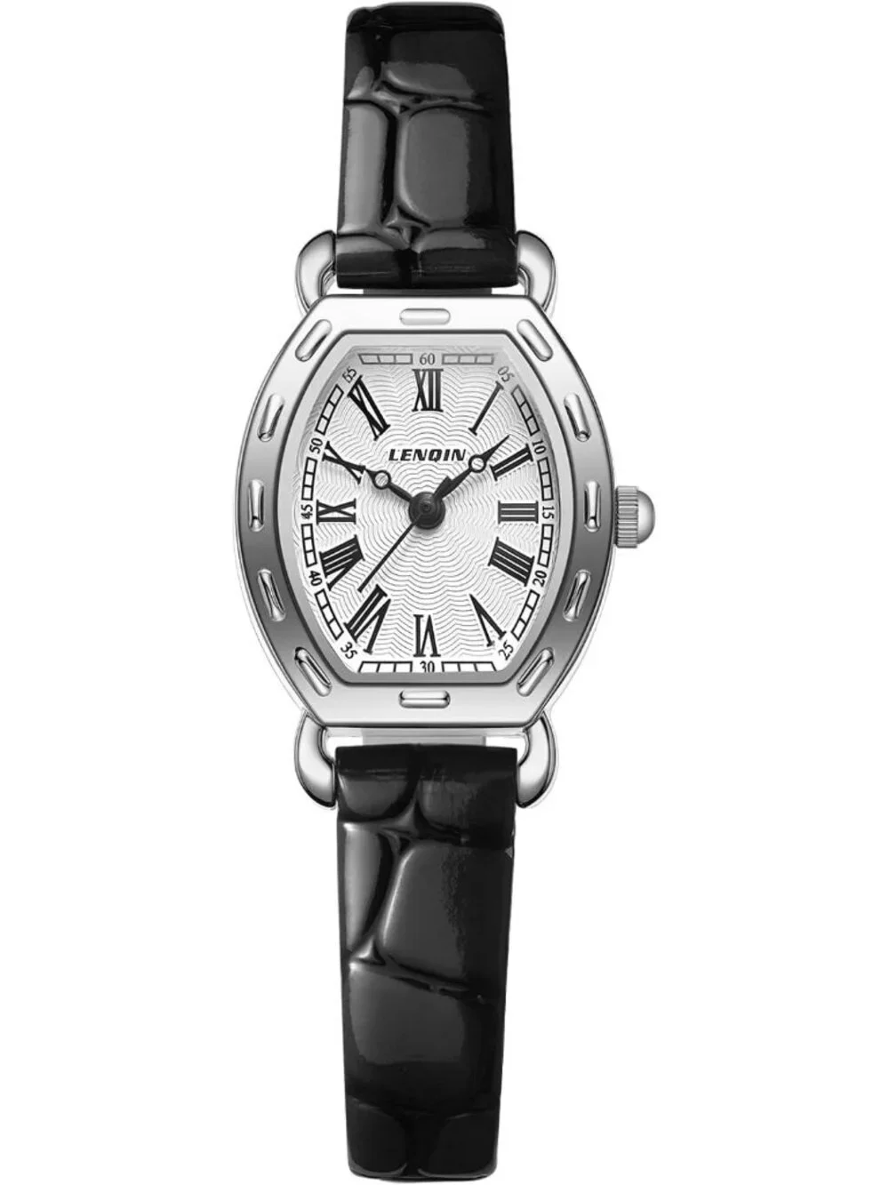 Ln Lenqin Womens Black And Silver Analog Quartz Leather Strap Waterproof Watch